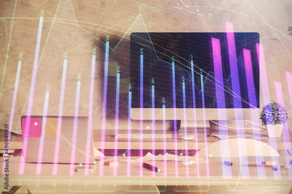Multi exposure of financial graph drawing and office interior background. Concept of market analysis.