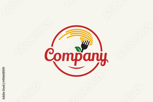 fast noodle or pasta logo with a combination of noodles or pasta, plate, fresh leaf, fork and smile.