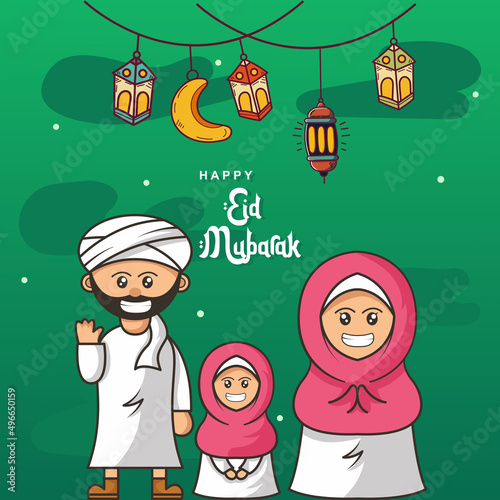 happy eid mubarak with muslim family and lantern