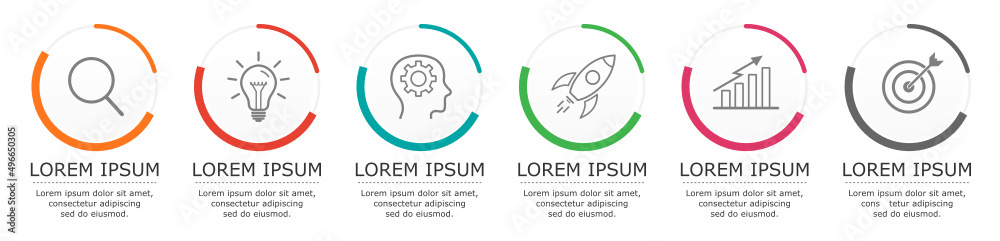 Obraz premium Business infographic Vector with 6 steps. Used for presentation,information,education,connection,marketing, project,strategy,technology,learn,brainstorm,creative,growth,abstract,stairs,idea,text,work