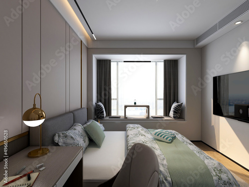 3D rendering, elegant and spacious bedroom design of modern apartment, overcoat cabinet beside the big bed, with dressing table and green plants © 李 大大