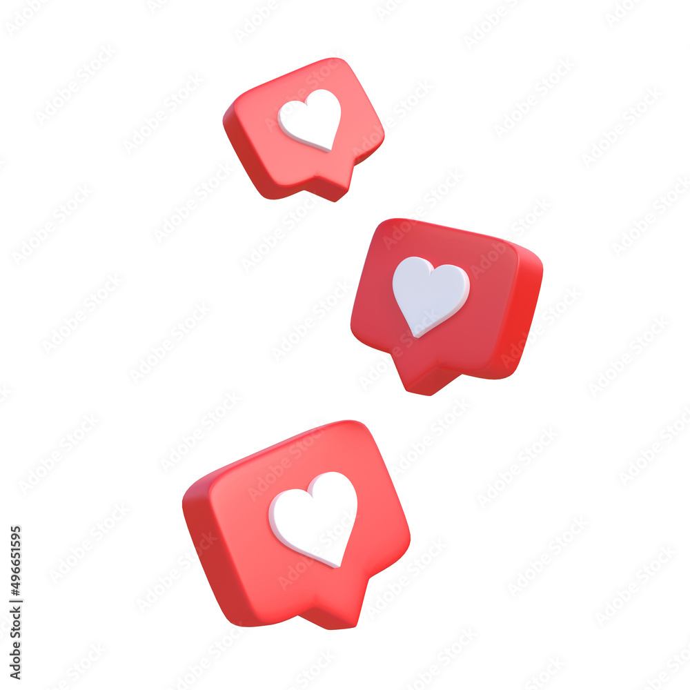 Heart in speech bubble icon isolated on a white background. Love like heart social media notification icon.  Emoji, chat and Social Network. 3d rendering, 3d illustration - obrazy, fototapety, plakaty 