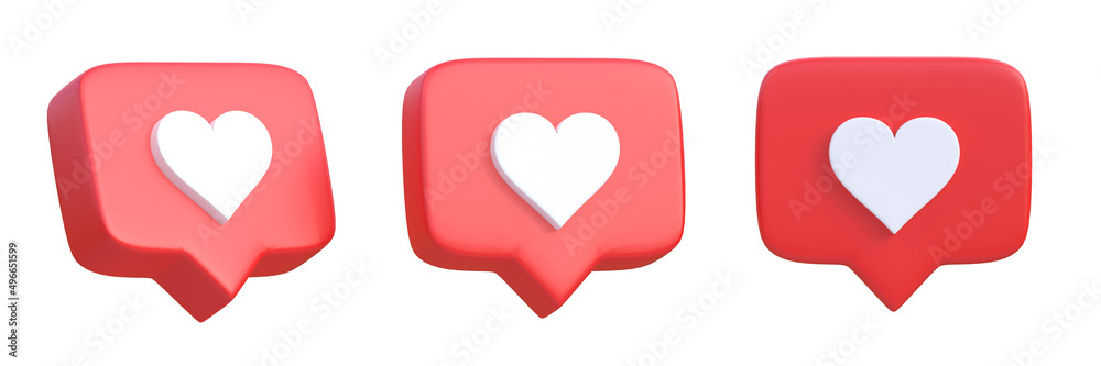 Set of heart in speech bubble icon isolated on a white background. Love like heart social media notification icon.  Emoji, chat and Social Network. 3d rendering, 3d illustration - obrazy, fototapety, plakaty 