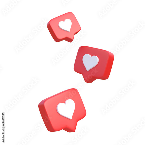 Heart in speech bubble icon isolated on a white background. Love like heart social media notification icon.  Emoji, chat and Social Network. 3d rendering, 3d illustration photo