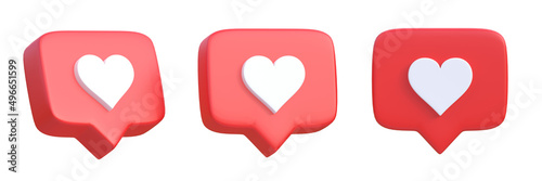 Set of heart in speech bubble icon isolated on a white background. Love like heart social media notification icon.  Emoji, chat and Social Network. 3d rendering, 3d illustration