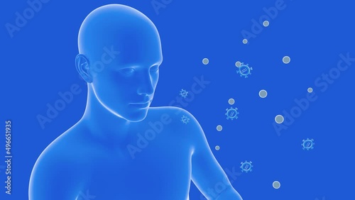 3d animation of a man coughing and viruses coming out. Without the mask on, it spreads viruses and contagion. Graphic style image on blue background.