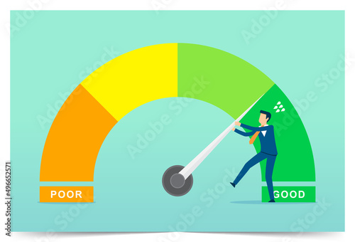 Businessman pulls the gauge on the good side, save falling economy, risk and loss, business indicator, financial growth