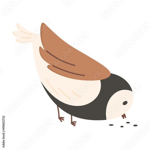 Behang Vector illustration of cartoon cute bird pecking grain isolated on white
