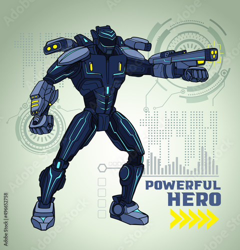 Futuristic robot illustration. Cyborg with weapon. Powerful hero