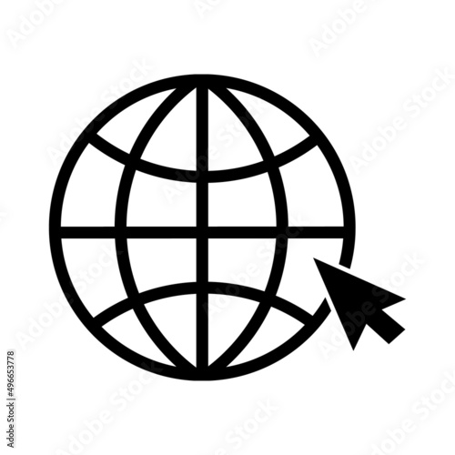 Web icon with mouse pointer. Vector illustration of internet symbol isolated on white background. Globe with arrow sign. World wide web concept. Template design. Browser pictogram for app, banner, UI.
