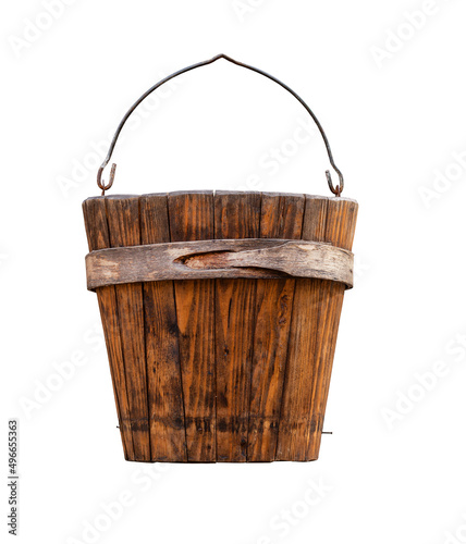 wooden barrel or bucket isolated on white background, wooden texture