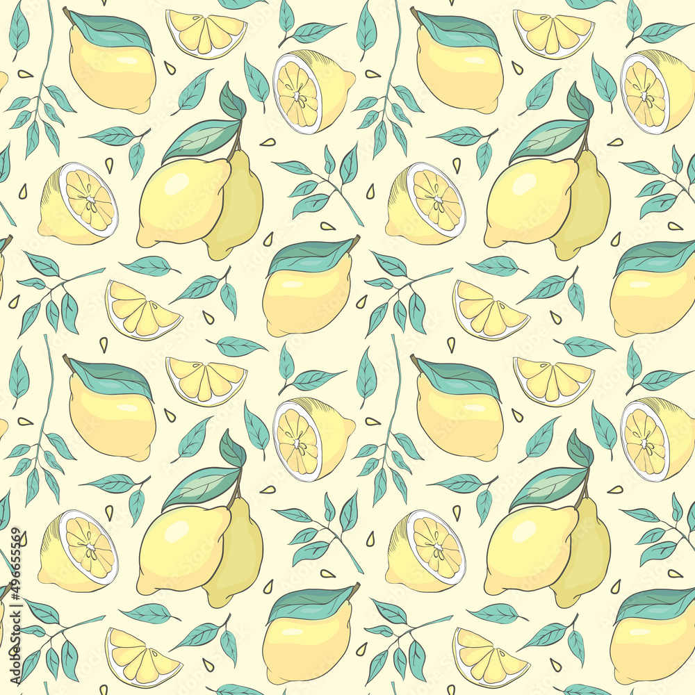 Fresh lemons background, hand drawn icons. Doodle wallpaper vector. Colorful seamless pattern with fresh fruits collection.