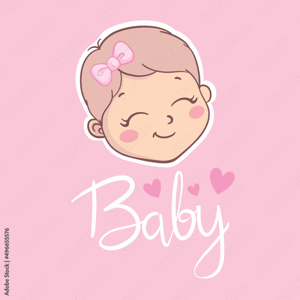 A little girl with a pink bow. Children's doodle drawing vector illustration in pink color. A little girl with a pink bow. Children's doodle drawing vector illustration in pink color.