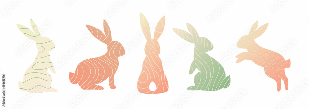 Happy Easter bunny. Spring vibes. Cute easter bunny, flowers and leaves. Vector flat cartoon illustration. Trendy design for social media, poster, print, card, invitation, greeting, tag