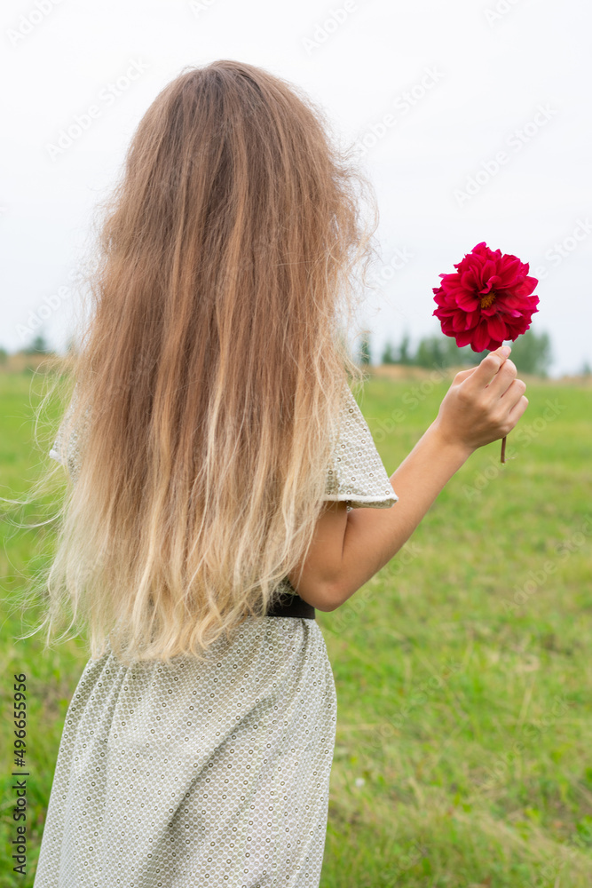 Naklejka premium Young blond long haired woman with red abloom dahlia flower in hand stand on road with green grass. Concept of elegance and love. Vertical format