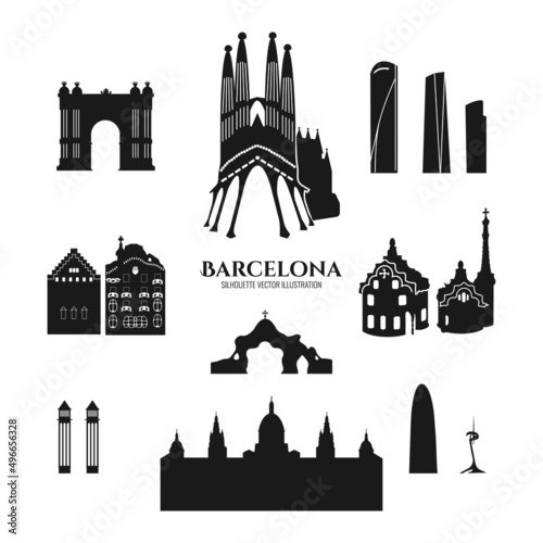 Barcelona silhouette vector illustration set. Sagrada Familia. Park Guell. Casa Amatller. Casa Batllo. Miralles Gate photo