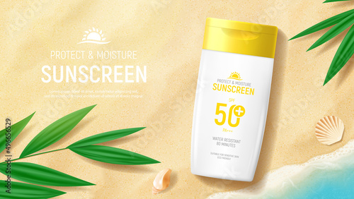 Sunscreen ad banner template. Banner with jar of sunscreen on beach sand with tropical plants, seashells and sea waves. Vector 3d ad illustration for promotion of summer goods.