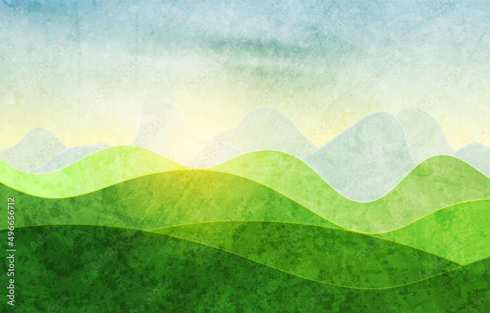 Natural sunny day landscape with fields and hills. Traveling vacation vector grunge background. Concept outdoor design
