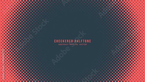 Halftone Checkered Pattern Vector Round Frame Red Blue Abstract Background. Chequered Rounded Square Dots Grid Subtle Pop Art Texture. Contrast Graphic Half Tone Structure Minimalist Art Wallpaper