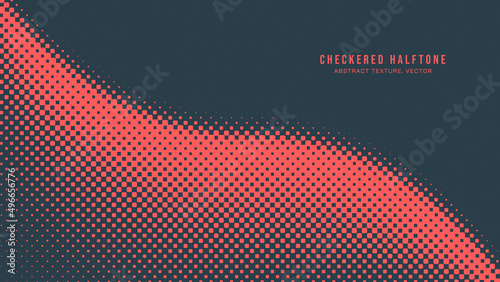 Halftone Checkered Pattern Vector Smooth Curved Border Red Blue Abstract Background. Chequered Rounded Square Dots Texture Pop Art Design. Half Tone Contrast Graphic Minimalist Art Wide Wallpaper