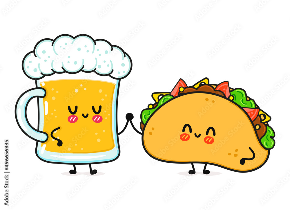 Cute, funny happy glass of beer and taco. Vector hand drawn cartoon kawaii characters, illustration icon. Funny cartoon glass of beer and taco mascot friends concept Cute, funny happy glass of beer and taco. Vector hand drawn cartoon kawaii characters, illustration icon. Funny cartoon glass of beer and taco mascot friends concept