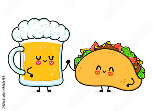 Cute, funny happy glass of beer and taco. Vector hand drawn cartoon kawaii characters, illustration icon. Funny cartoon glass of beer and taco mascot friends concept