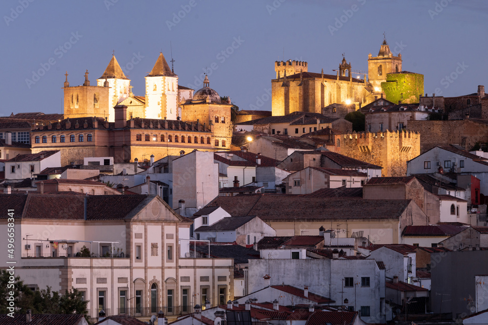 Panoramic view at night of the old town of Caceres, World Heritage Site by UNESCO, Extremadura, Spain