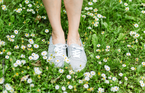 Gray sports lace up sneakers shoes on green meadow with grass and camomiles (daisies). © ribalka yuli