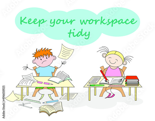 School life illustration with two schoolchildren and advice to keep the workplace tidy