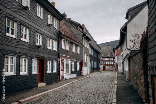 View on timbered houses and cobbled street in the historic old town of Goslar, Germany