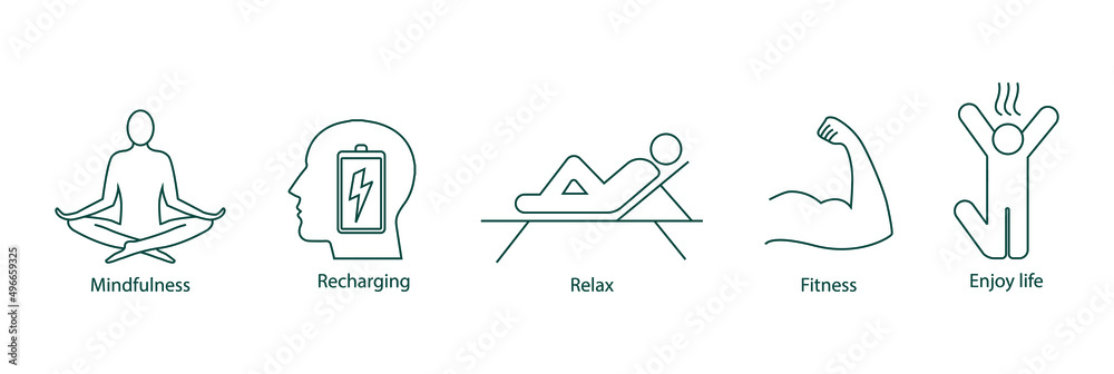 icon set of mindfulness, life balance, relaxation, fitness, exhaustion, recharging, enjoy