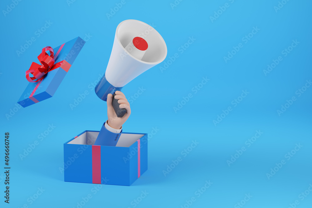 Hand holding a megaphone comes out of a gift box. 3d illustration. Hand holding a megaphone comes out of a gift box. 3d illustration.