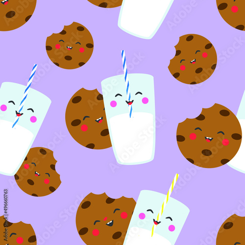 Vector seamless pattern with chocolate cookies and milk glass in cartoon style