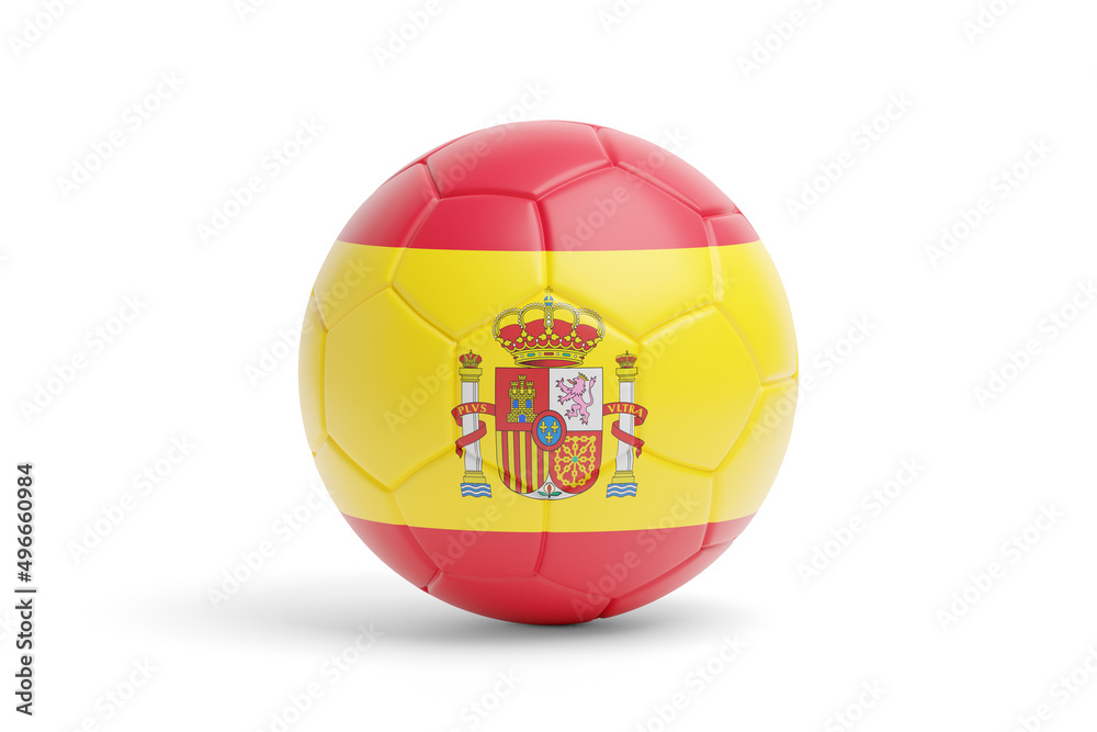 Soccer ball with the colors of the Spanish flag. 3d illustration.