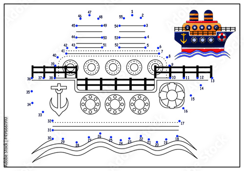 children's educational game. coloring. connect the dots by numbers. ship at sea.