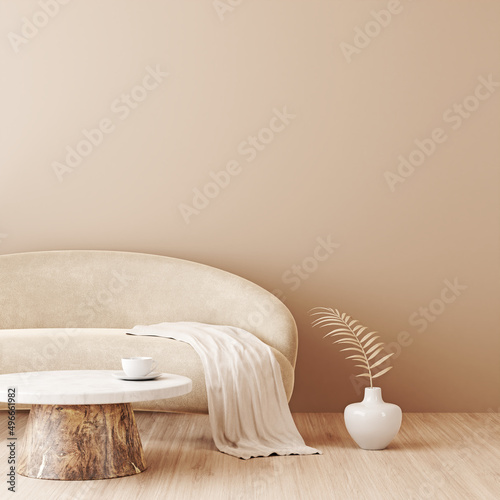 Carta da parati 3D per Soggiorno - Carta da parati Living room interior wall mockup in warm beige neutrals with curved low sofa, dried palm leaf in vase and natural materials. Illustration, 3d rendering.