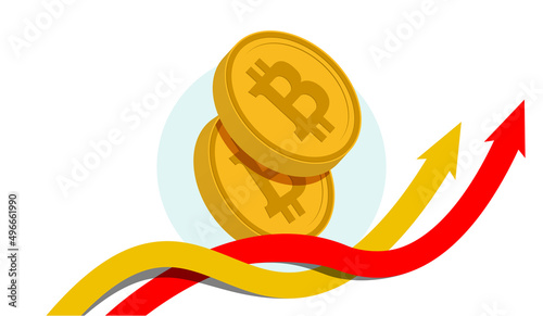Two gold volume coins of the digital virtual crypto currency bitcoins and two intertwining arrows pointing upwards orange and red. Trend Up movement growth