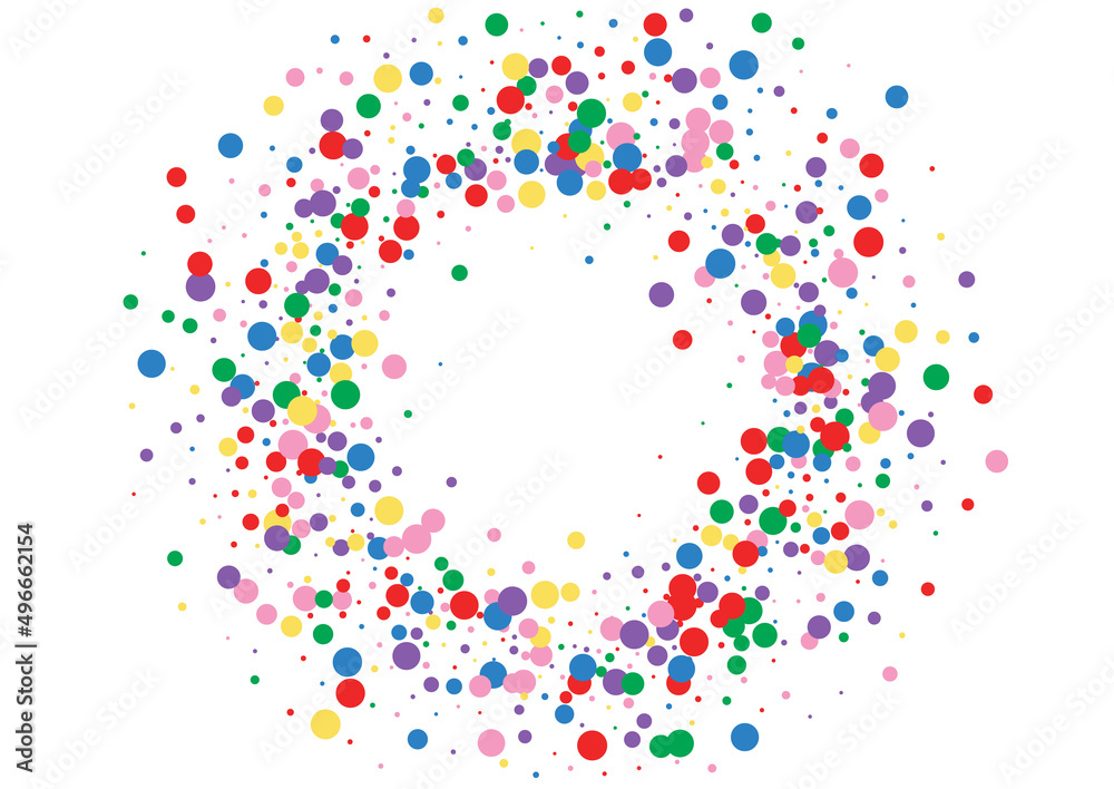 Colorful Dot Background White Vector. Polka Geometric Frame. Rainbow Paper. Multicolored Confetti Holiday. Circle Event Design.
