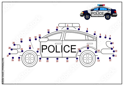 children's educational game. coloring. connect the dots by numbers. police car.
