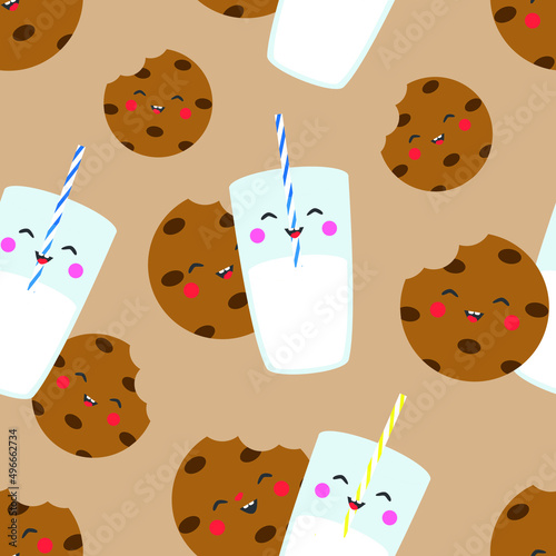 Vector seamless pattern with chocolate cookies and milk glass in cartoon style