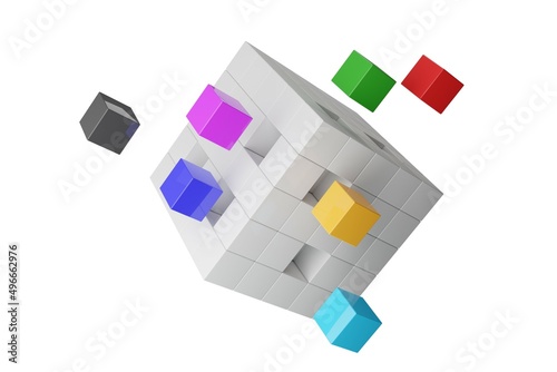 Different colored cubes floating out of box of cubes isolated on white background, business partnership, teamwork or software module concept photo