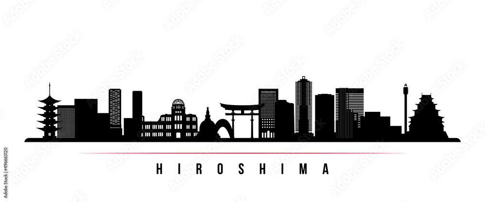 Hiroshima skyline horizontal banner. Black and white silhouette of Hiroshima, Japan. Vector template for your design.
