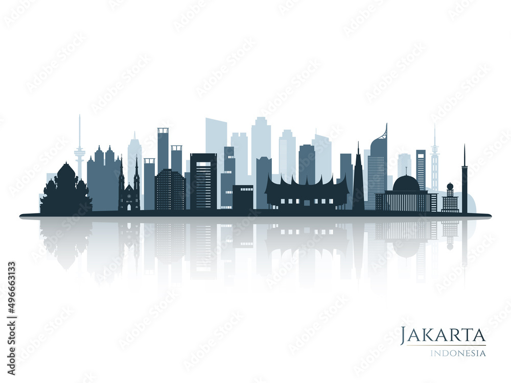 Jakarta skyline silhouette with reflection. Landscape Jakarta, Indonesia. Vector illustration.
