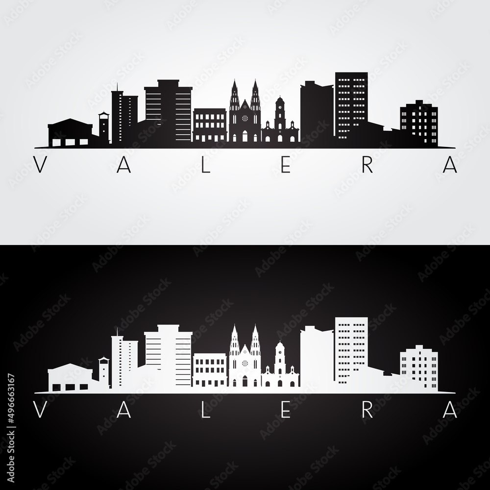 Valera, Venezuela skyline and landmarks silhouette, black and white design, vector illustration.