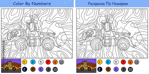 children s educational game. coloring by numbers. tractor in the field.