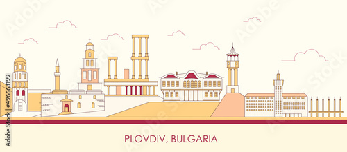 Cartoon Skyline panorama of city of Plovdiv, Bulgaria - vector illustration