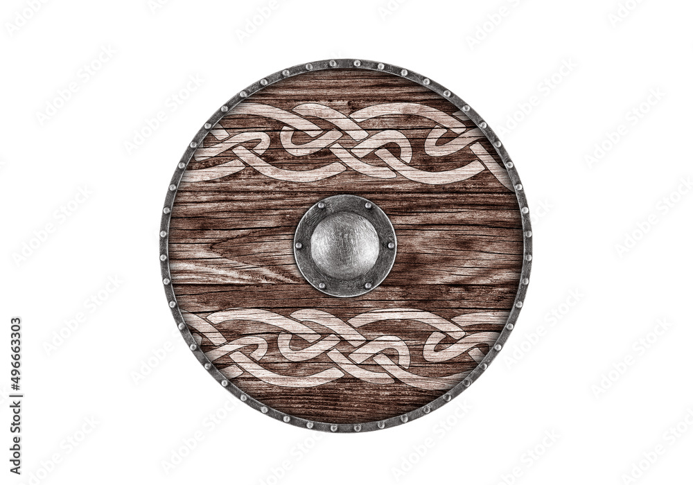 Naklejka premium Old decorated wooden round shield isolated on white background