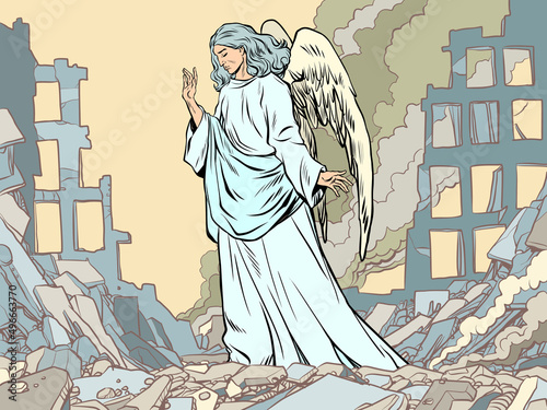 An angel in the middle of the ruins of a burning city. The war is the death of civilians. Humanitarian crisis