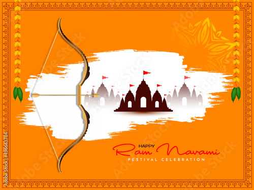 Happy Ram Navami festival yellow background with temple