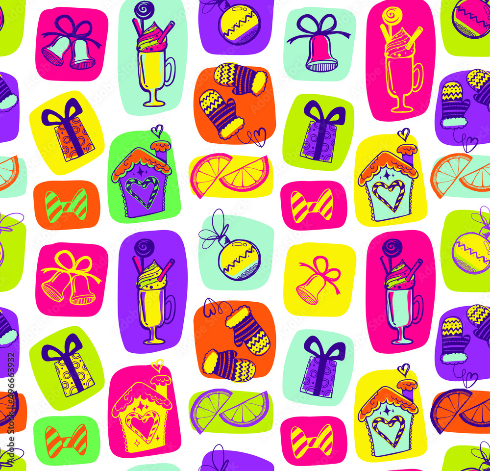 Abstract seamless Christmas pattern with colorful spots and linear illustration gift box, orange slices, Gingerbread house, mittens, jingle bells, bow, mulled wine glasses. New year wrapping paper